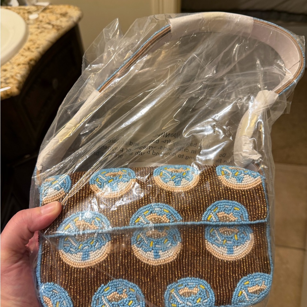 Anthropologie Beaded Brown and Blue Donut Handbag